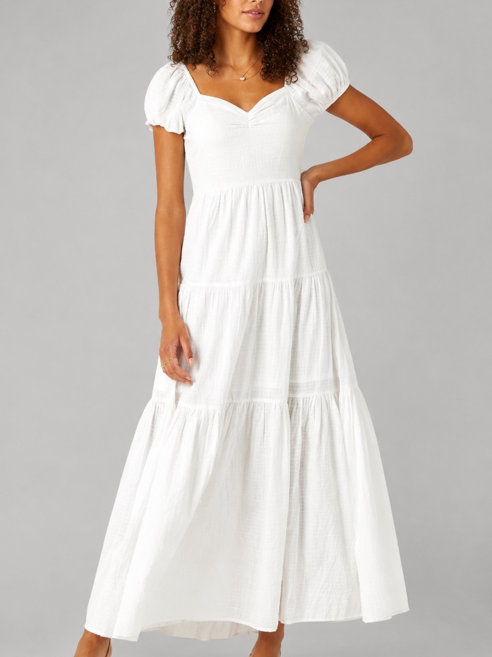 🆕🐚Bila77 White Cotton Women’s Puff Sleeve Boho Maxi Dress Size S Casual Beach